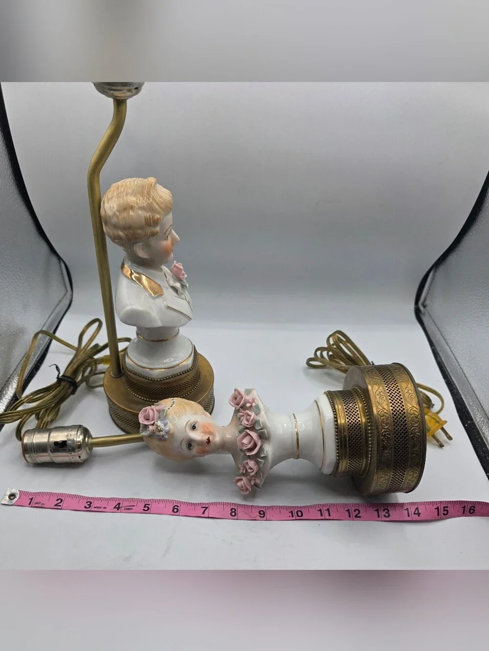 Vintage Porcelain Figural Bust Lamps with Pink Rose Accents